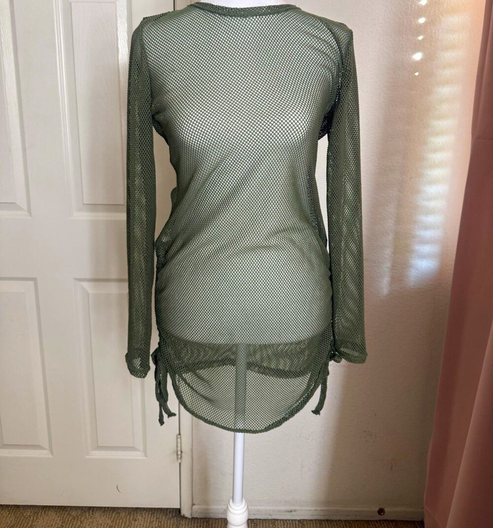 Fashion Nova Olive M Mesh Fishnet Beach Cover Up Drawstring Lightweight Stretch